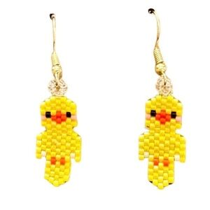 Handmade Cute Canary Tweetie Bird Miyuki Glass Seed Bead Earrings, Brick Stitch